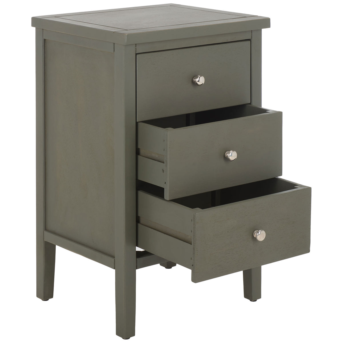 Two open drawers reveal practical storage in the compact ash gray wood nightstand. || AMH6628A || front_angle_open_studio