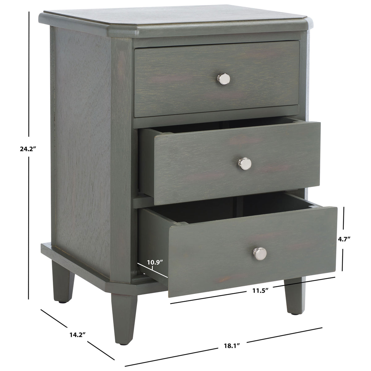 Three gray drawers fit within a nightstand 18.1 inches wide, 14.2 inches deep, and 24.2 inches tall.