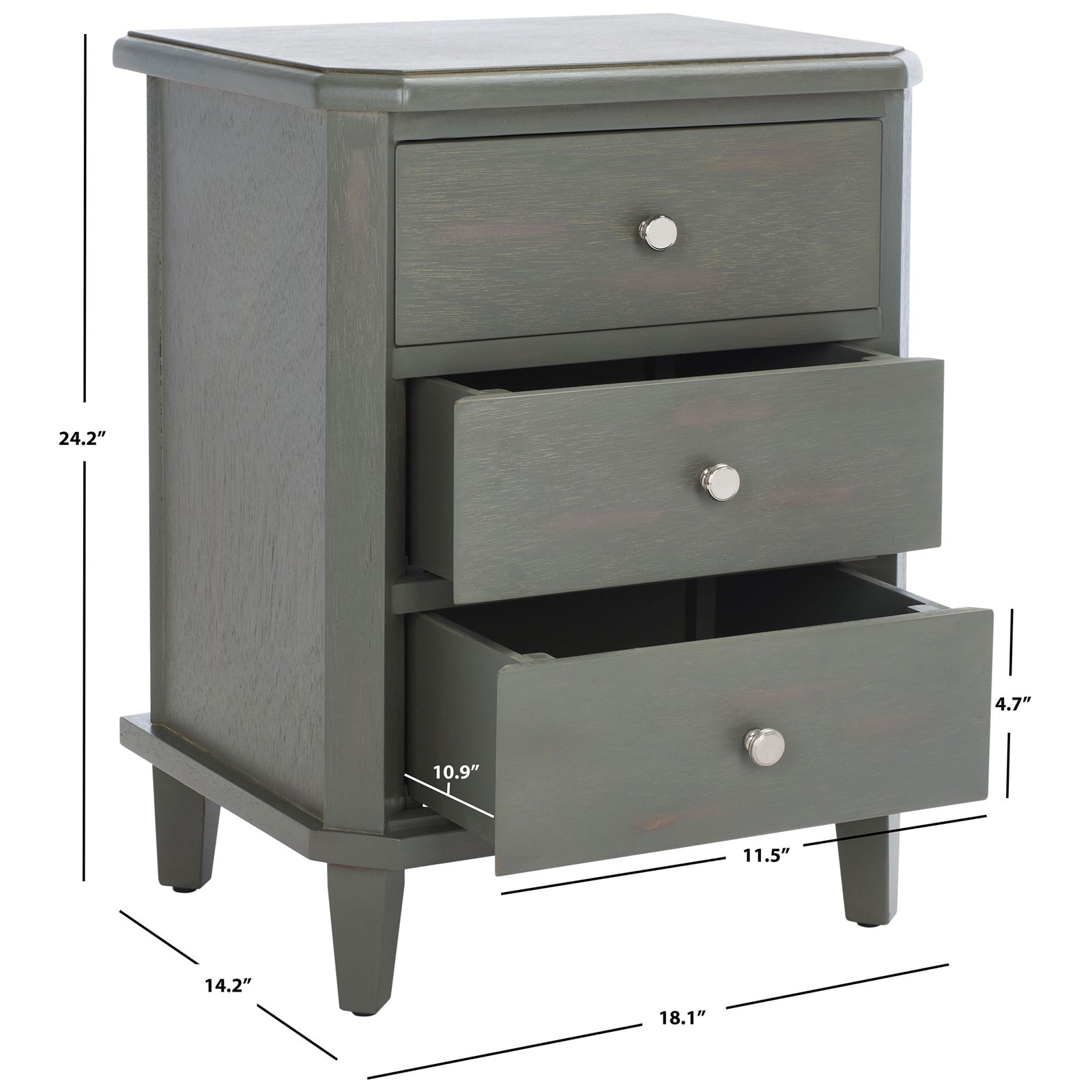 Three gray drawers fit within a nightstand 18.1 inches wide, 14.2 inches deep, and 24.2 inches tall. || AMH6629A || dimension_studio