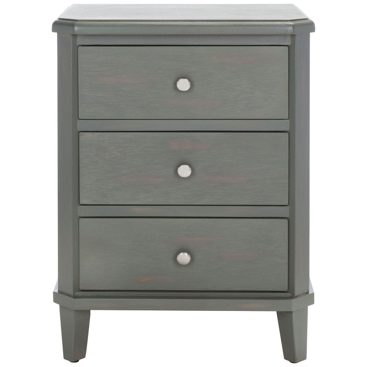 Three stacked drawers with silver knobs keep essentials close in an ash gray wood nightstand. || AMH6629A || front_studio