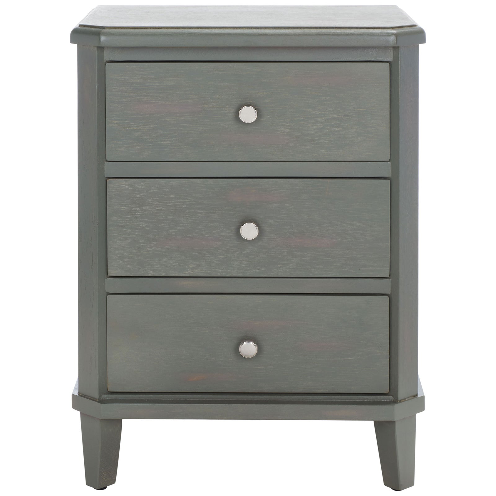 Three stacked drawers with silver knobs keep essentials close in an ash gray wood nightstand. || AMH6629A || front_studio