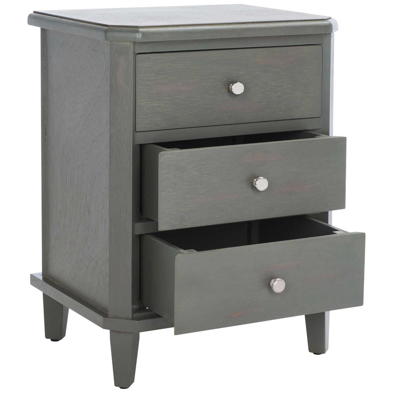 Two open drawers reveal easy-access storage inside the textured ash gray frame. || AMH6629A || front_angle_open_studio