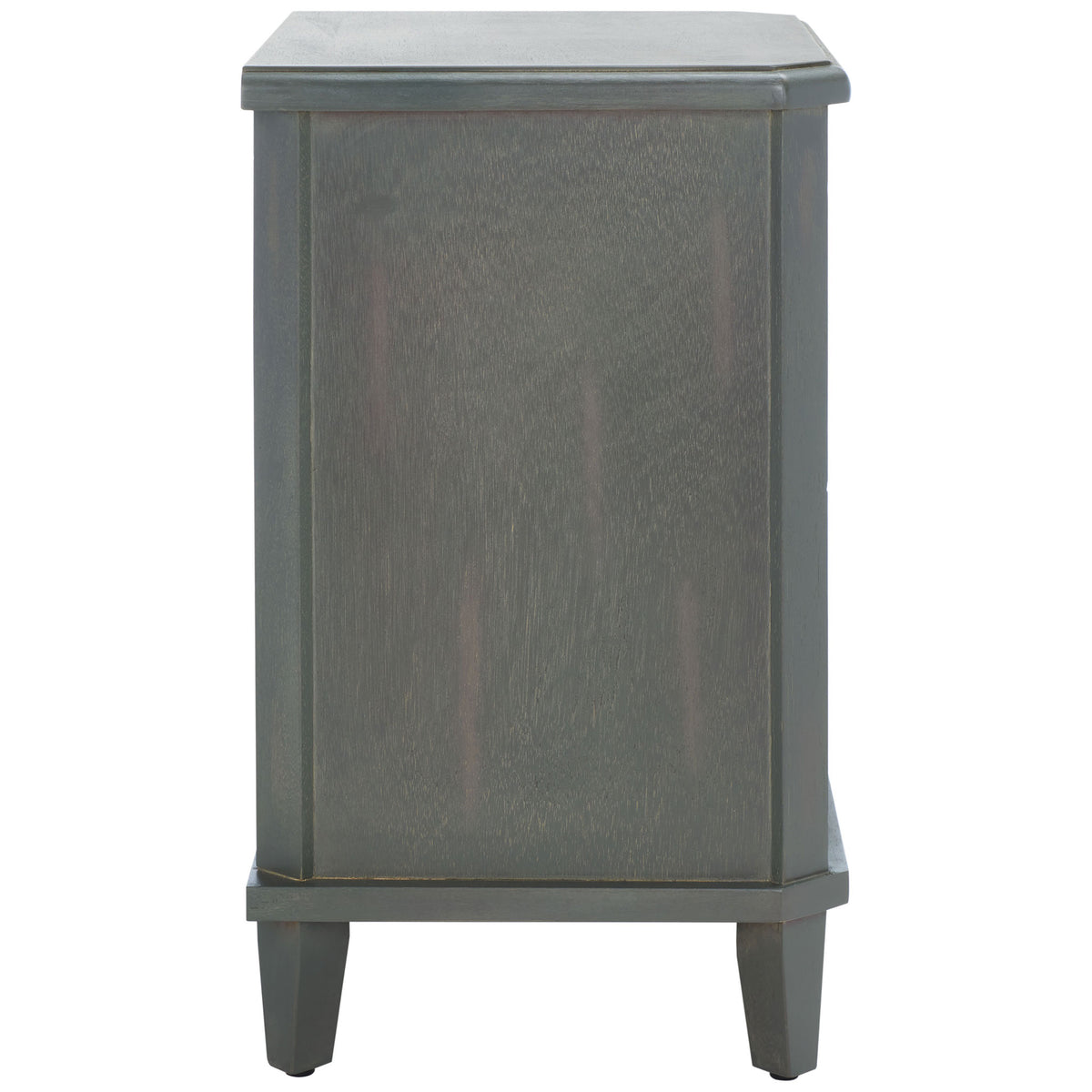 A recessed wood panel and slim tapered feet keep the ash gray nightstand looking tailored. || AMH6629A || side_studio