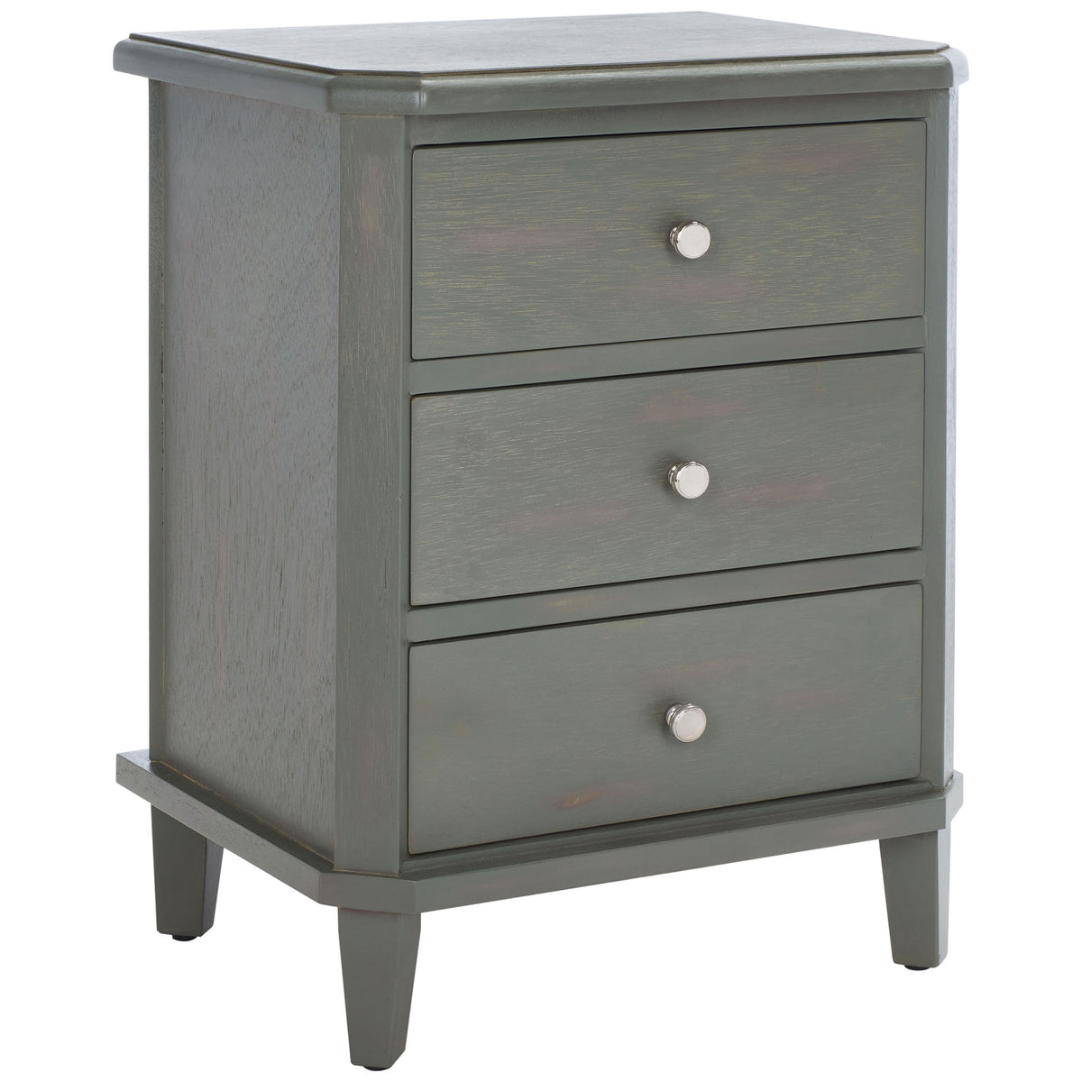 A beveled top and tapered feet frame three drawers in gently distressed ash gray wood. || AMH6629A || front_angle_studio