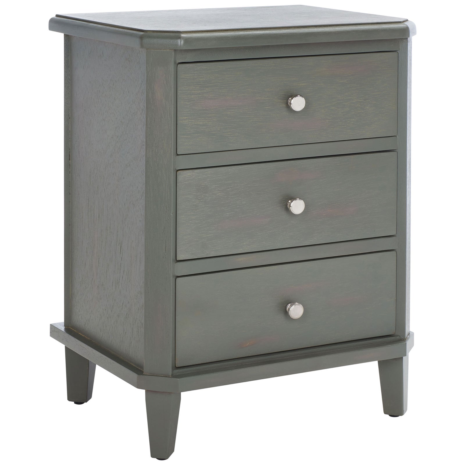 A beveled top and tapered feet frame three drawers in gently distressed ash gray wood. || AMH6629A || front_angle_studio
