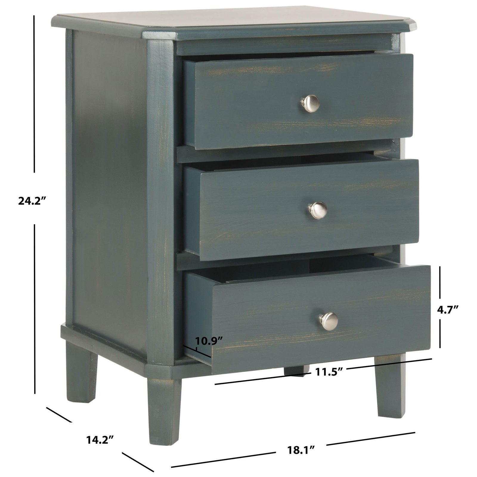 Three dark teal drawers fit within a nightstand 18.1 inches wide, 14.2 inches deep, and 24.2 inches tall. || AMH6629B || dimension_studio