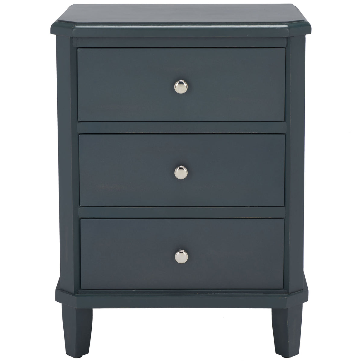 Three stacked drawers with gleaming silver knobs brighten this compact dark teal nightstand. || AMH6629B || front_studio
