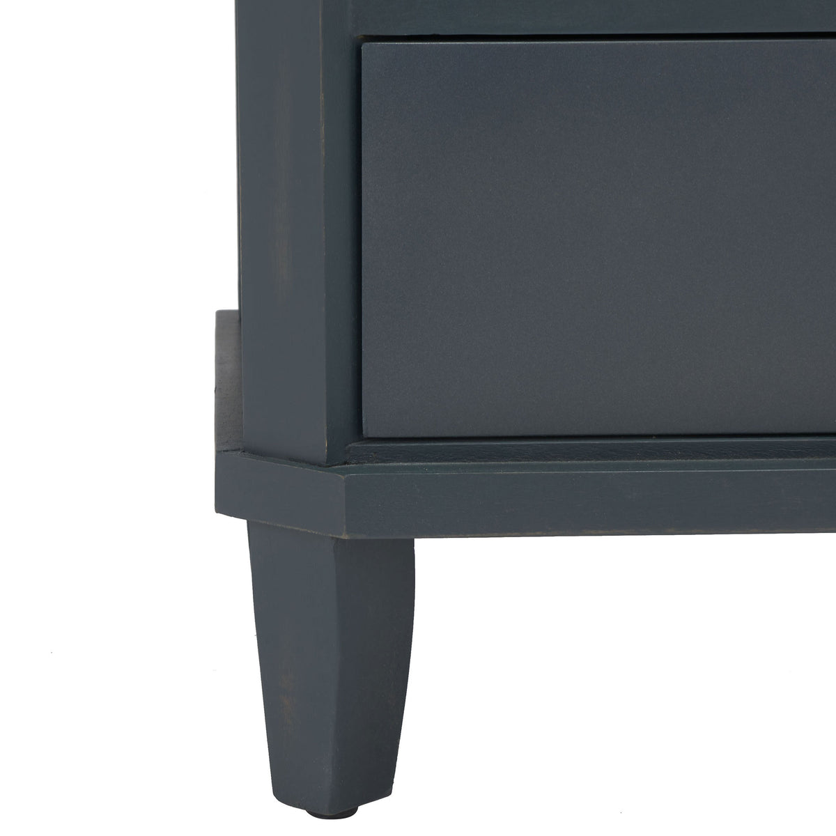 A squared, tapered leg lends the dark teal nightstand sturdy, understated support. || AMH6629B || leg_studio