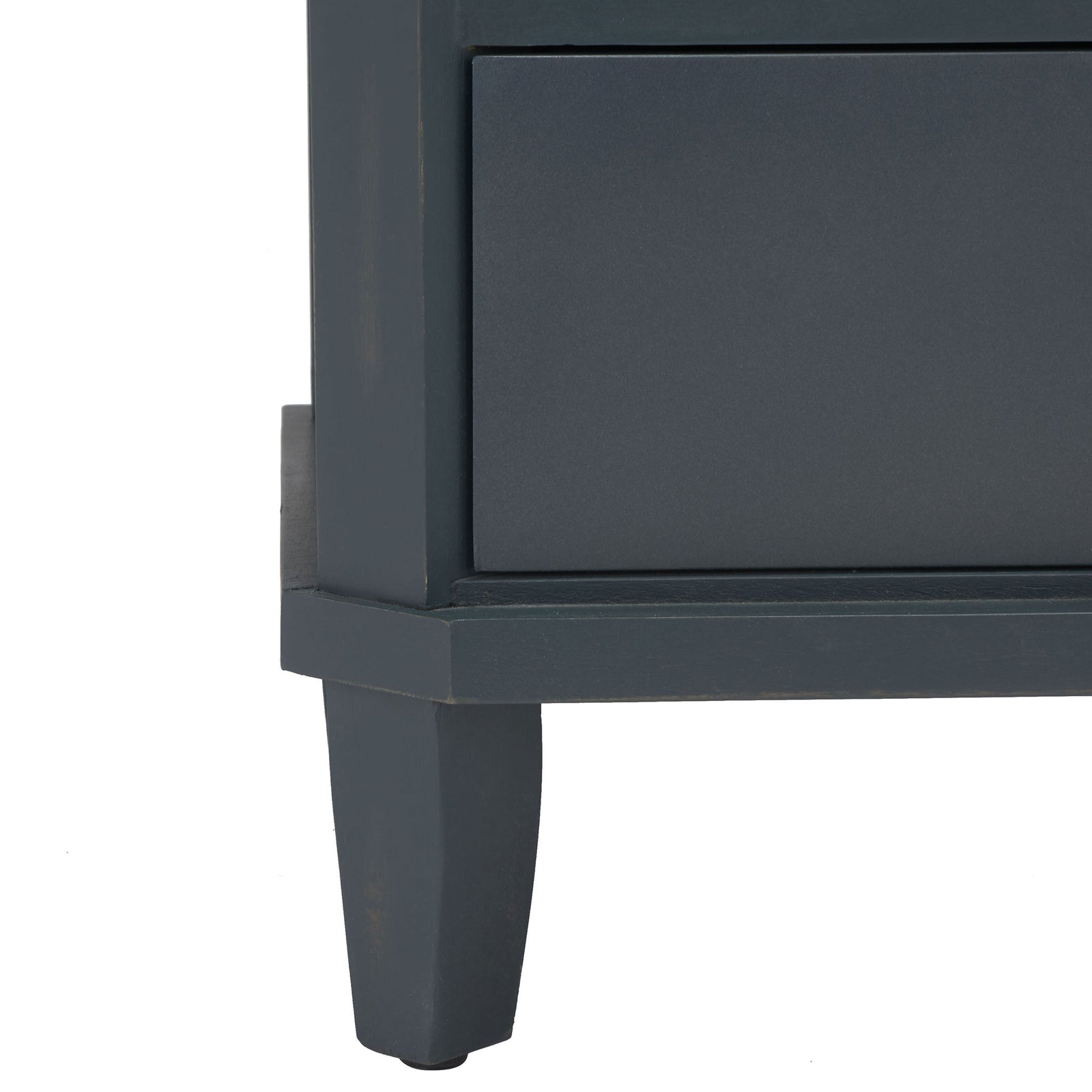 A squared, tapered leg lends the dark teal nightstand sturdy, understated support. || AMH6629B || leg_studio