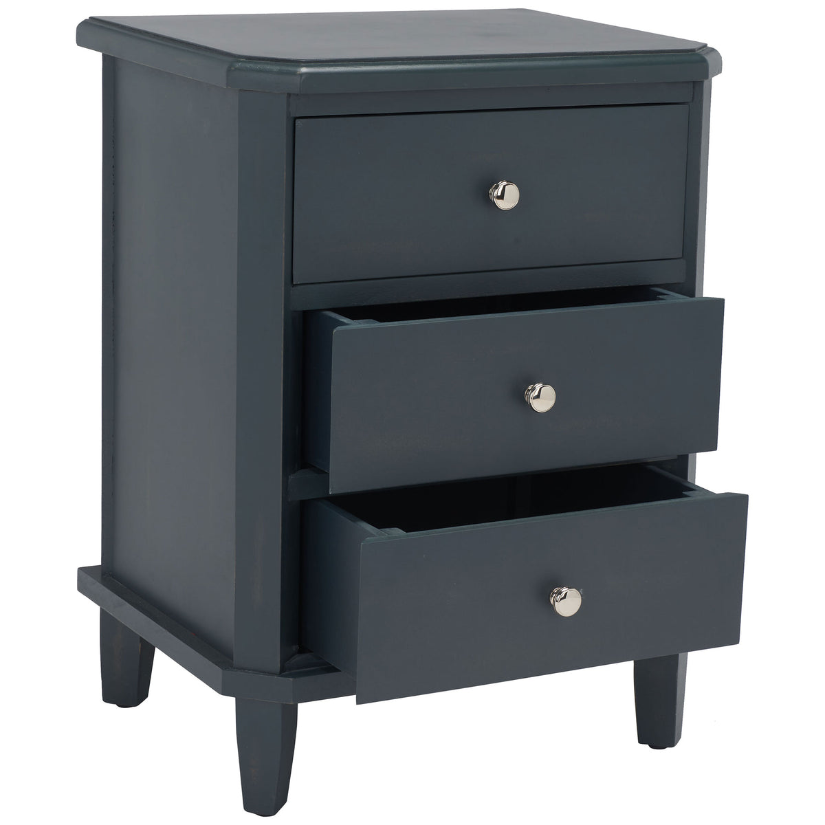 Two open drawers display everyday storage in the dark teal wood nightstand. || AMH6629B || front_angle_open_studio