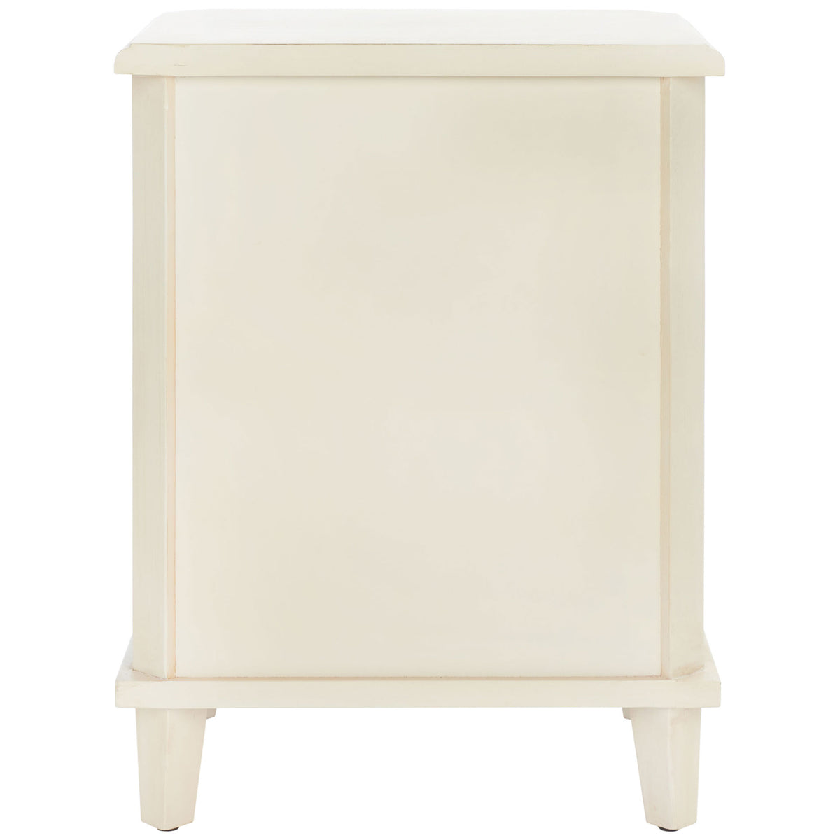 A clean inset panel and tapered feet carry the nightstand's creamy barley finish all around. || AMH6629D || back_studio