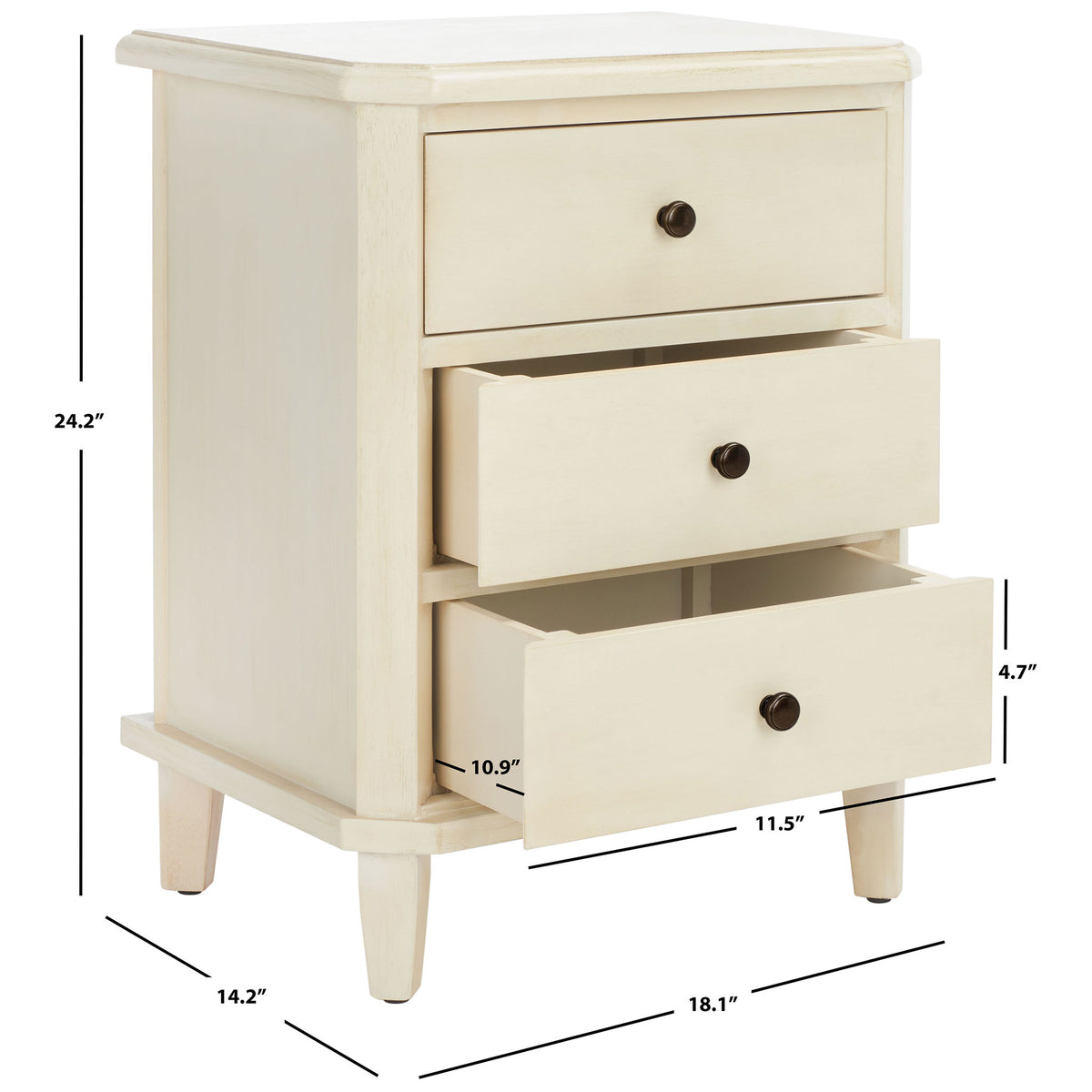 At 18.1 inches wide, 14.2 inches deep, and 24.2 inches tall, this nightstand offers three drawers. || AMH6629D || dimension_studio