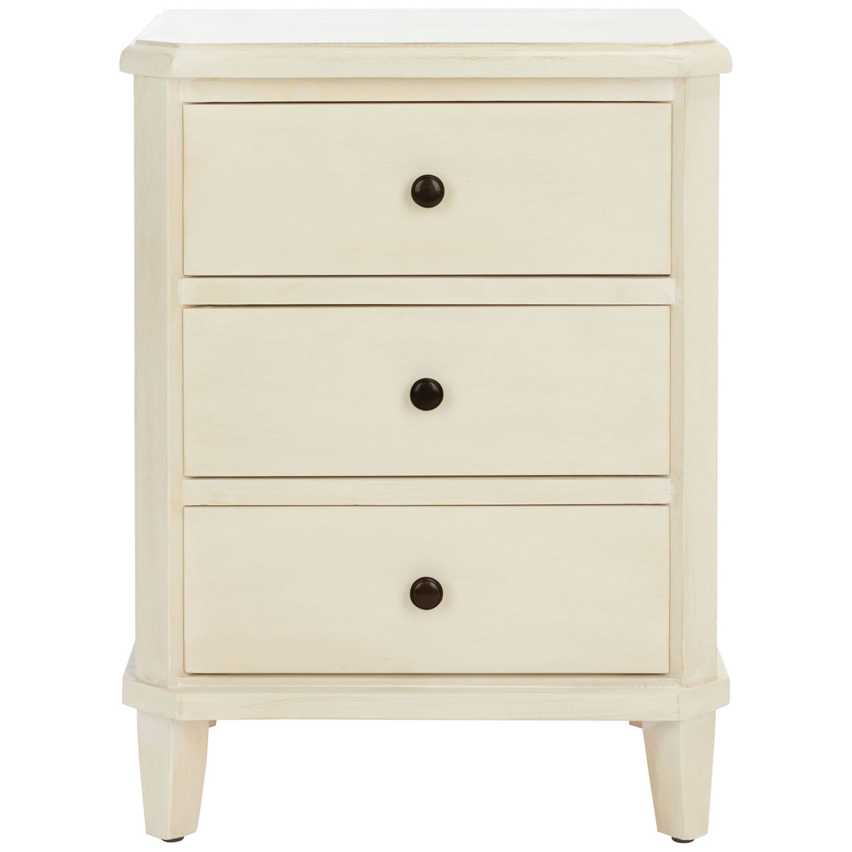 Three drawers with dark bronze knobs bring tidy storage to this warm barley nightstand. || AMH6629D || front_studio