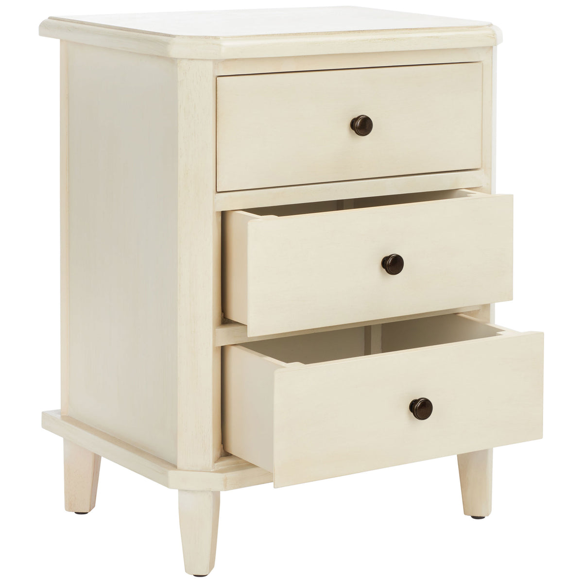 Two drawers open to reveal storage inside the pale poplar nightstand with dark bronze knobs.