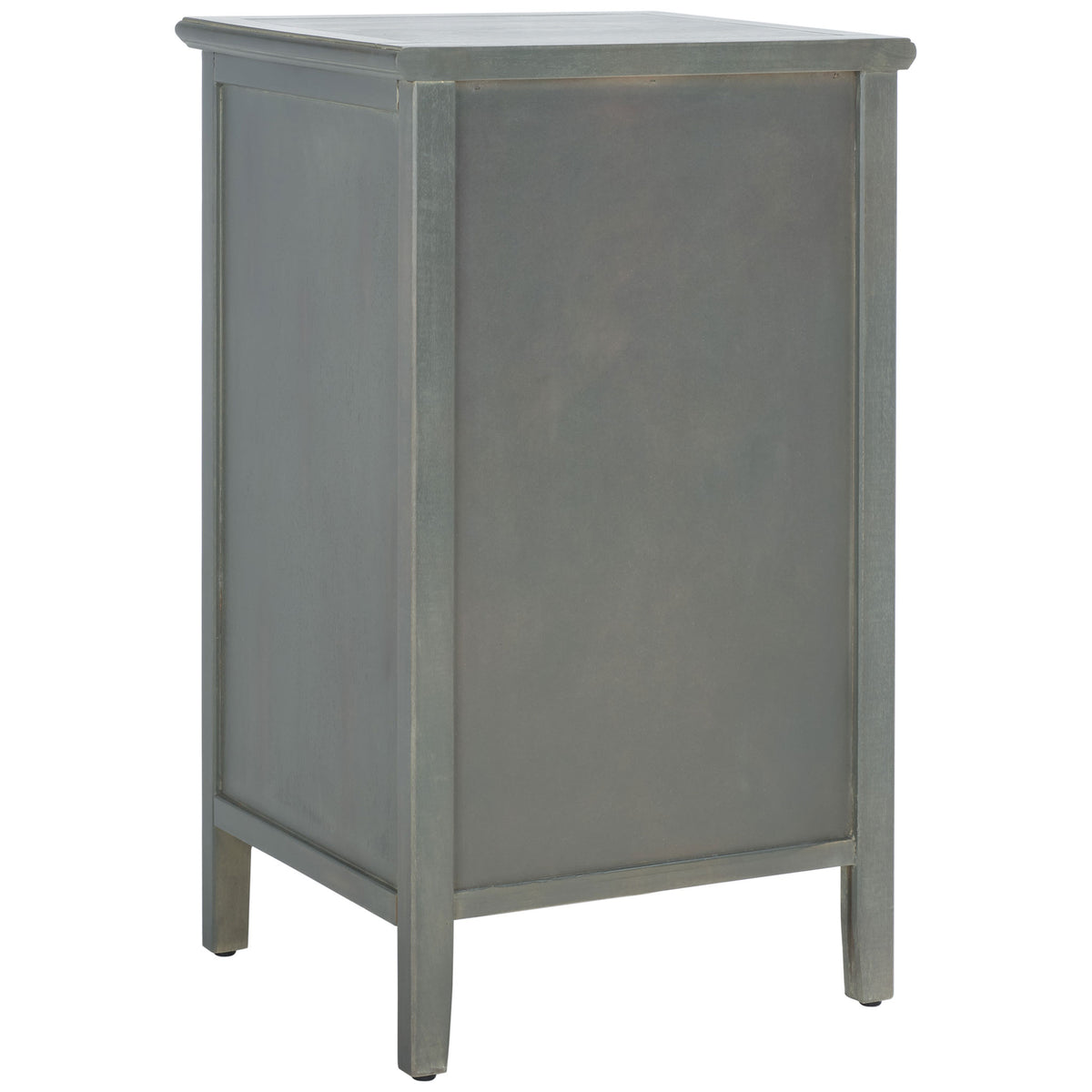 Paneled sides and a solid back lend structure to the nightstand's weathered gray frame. || AMH6630A || back_angle_studio
