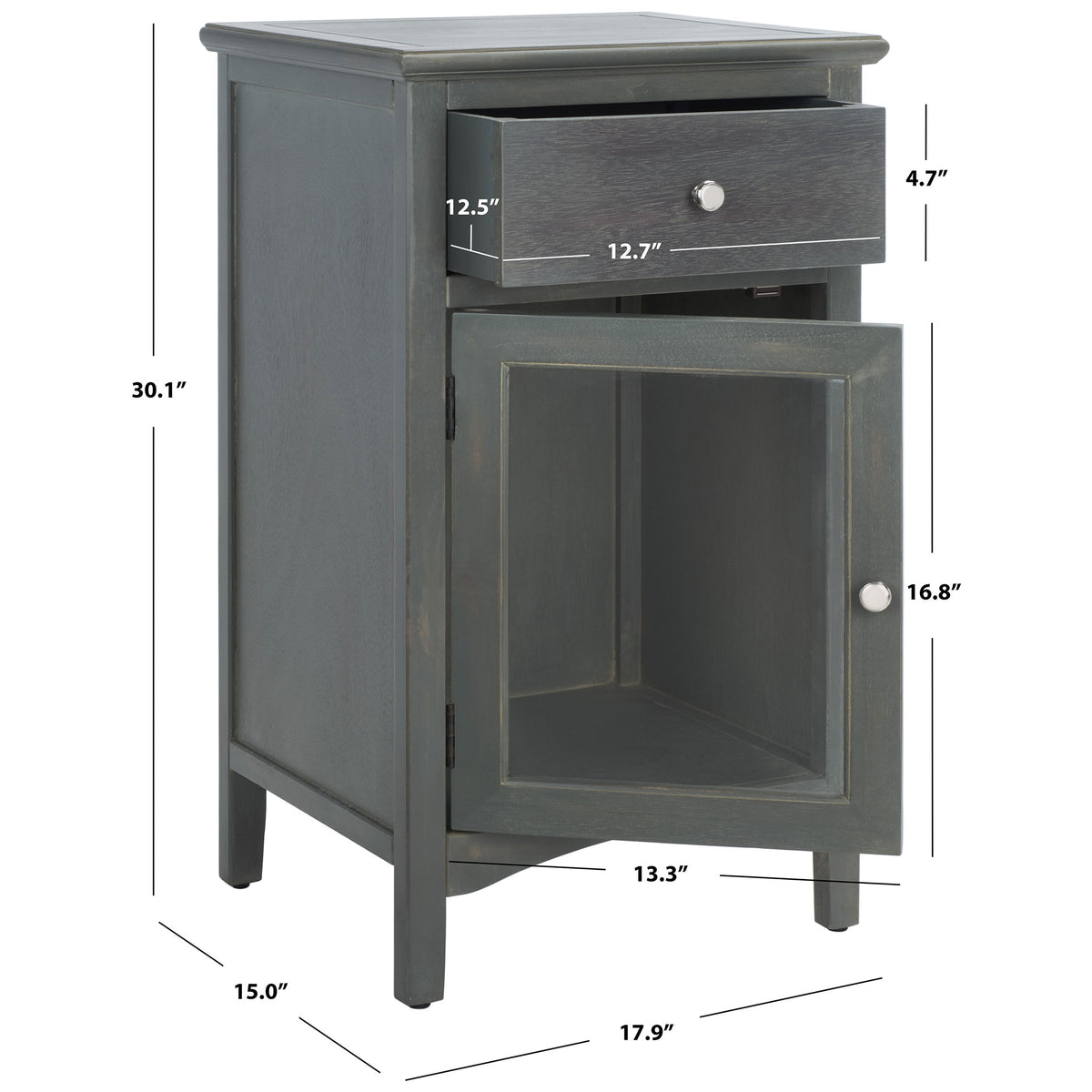 A 30.1-inch-tall nightstand provides separate drawer and glass-front cabinet storage. || AMH6630A || dimension_studio