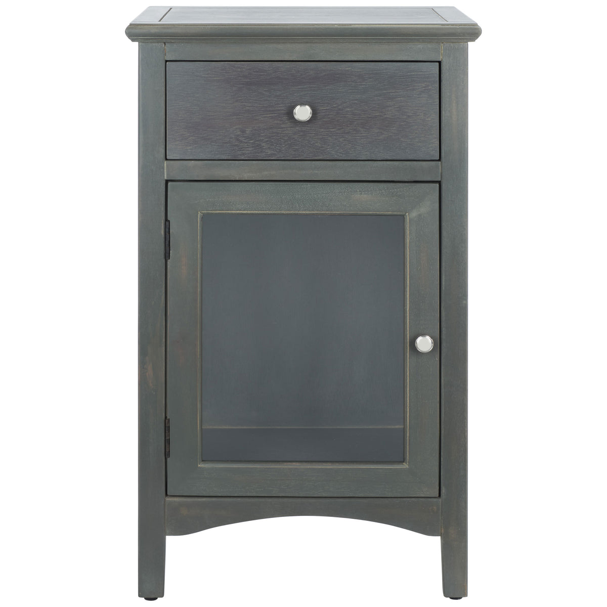 A weathered gray nightstand offers a drawer above a glass-front cabinet, both with round knobs. || AMH6630A || front_studio