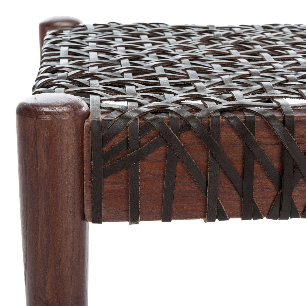 Tightly woven brown leather crosses the corner of the dark brown wood frame.