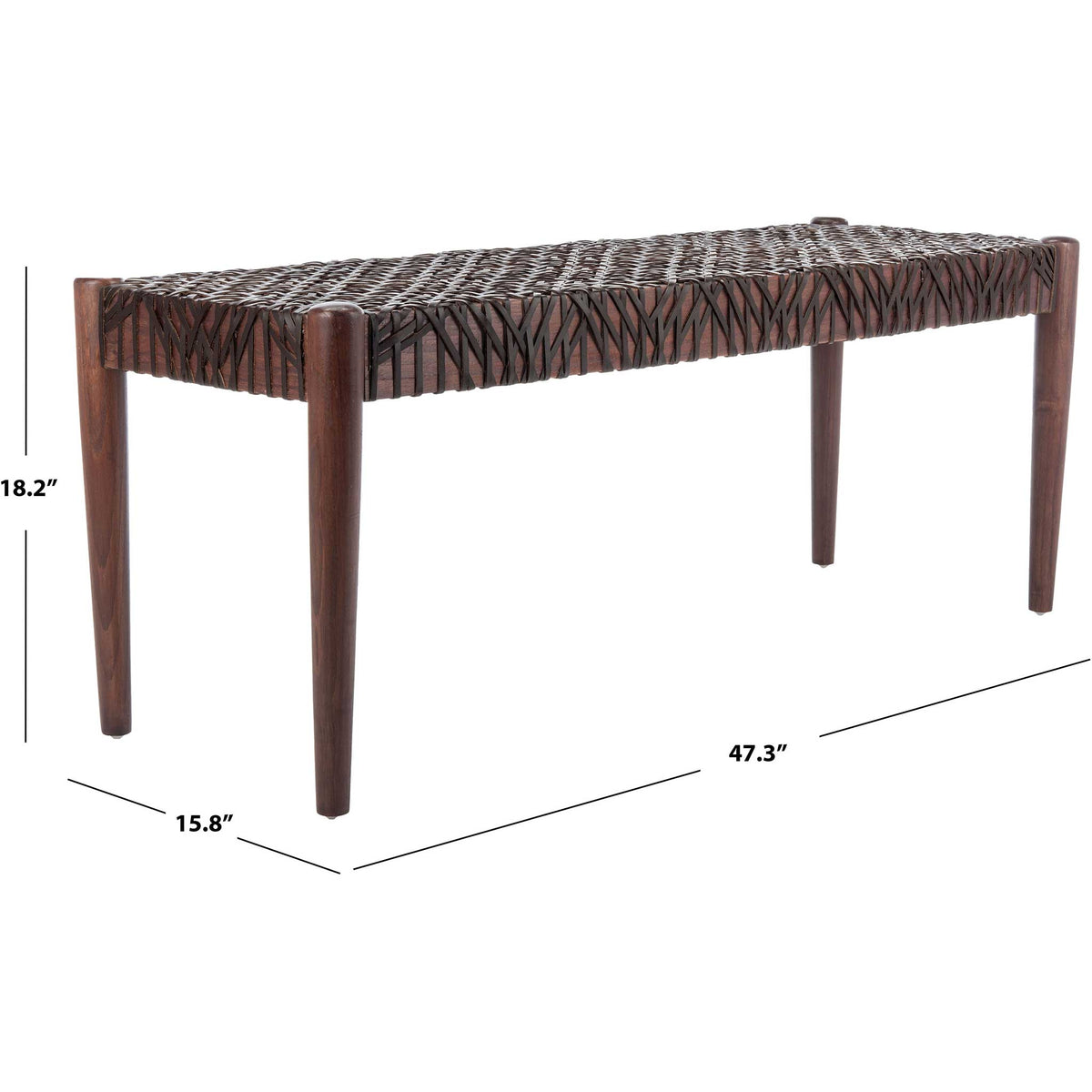 A brown leather-weave bench measures 47.3 inches wide, 15.8 inches deep and 18.2 inches high.