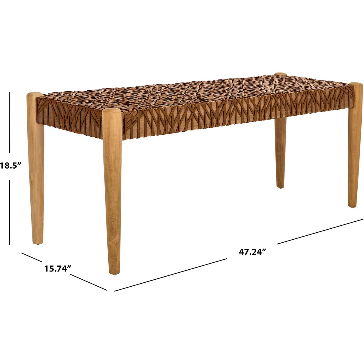The honey leather-weave bench measures 47.24 inches wide, 15.74 inches deep and 18.5 inches high.
