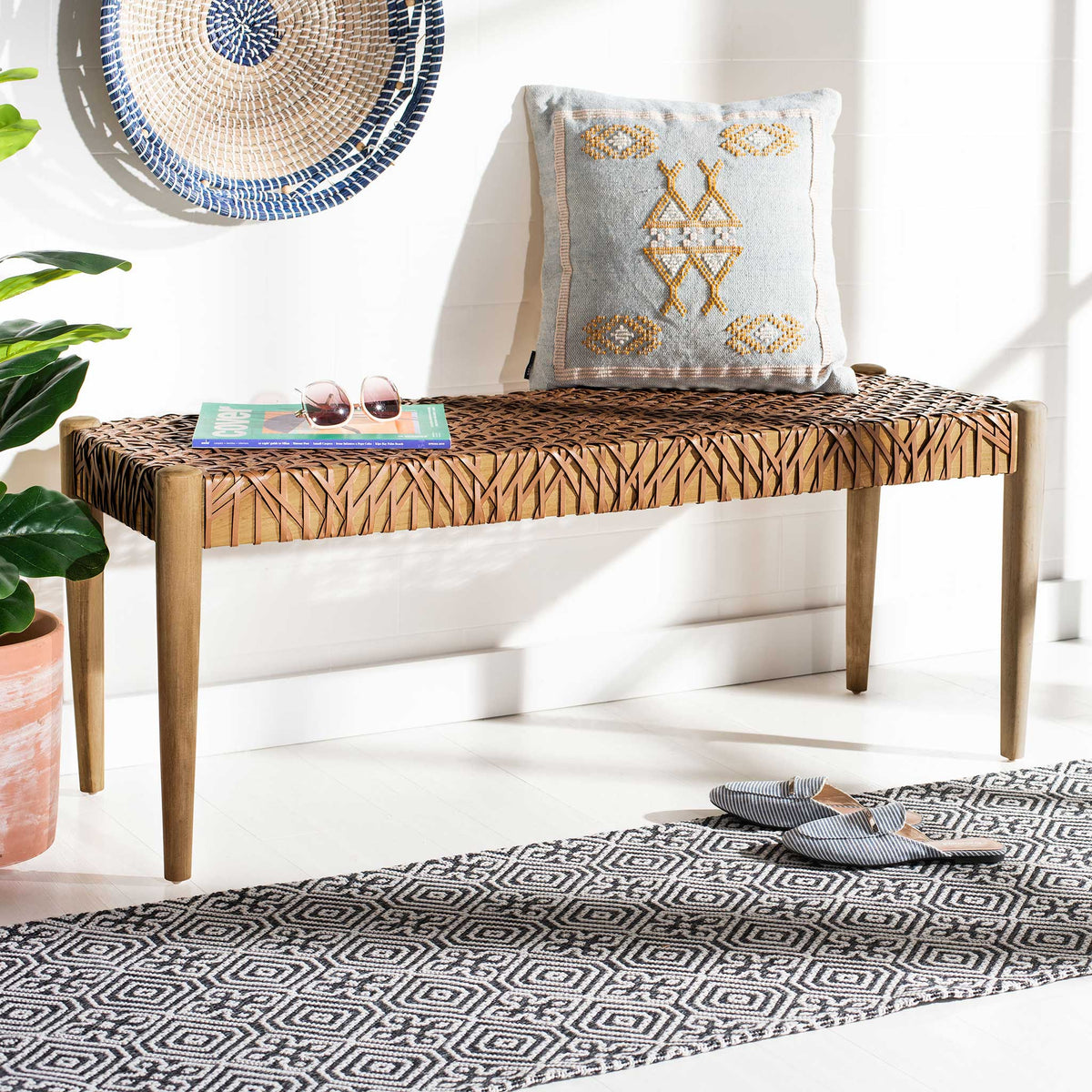 Baize Leather Weave Bench Light Honey/Natural