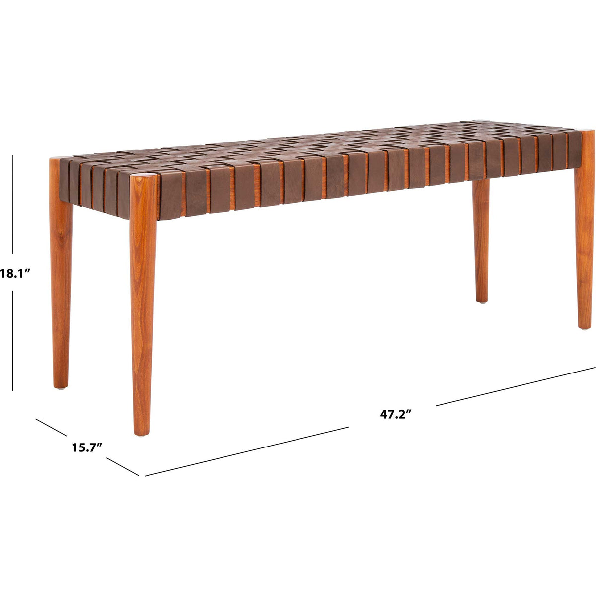 The cognac leather bench measures 47.2 inches wide, 15.7 inches deep, and 18.1 inches high.