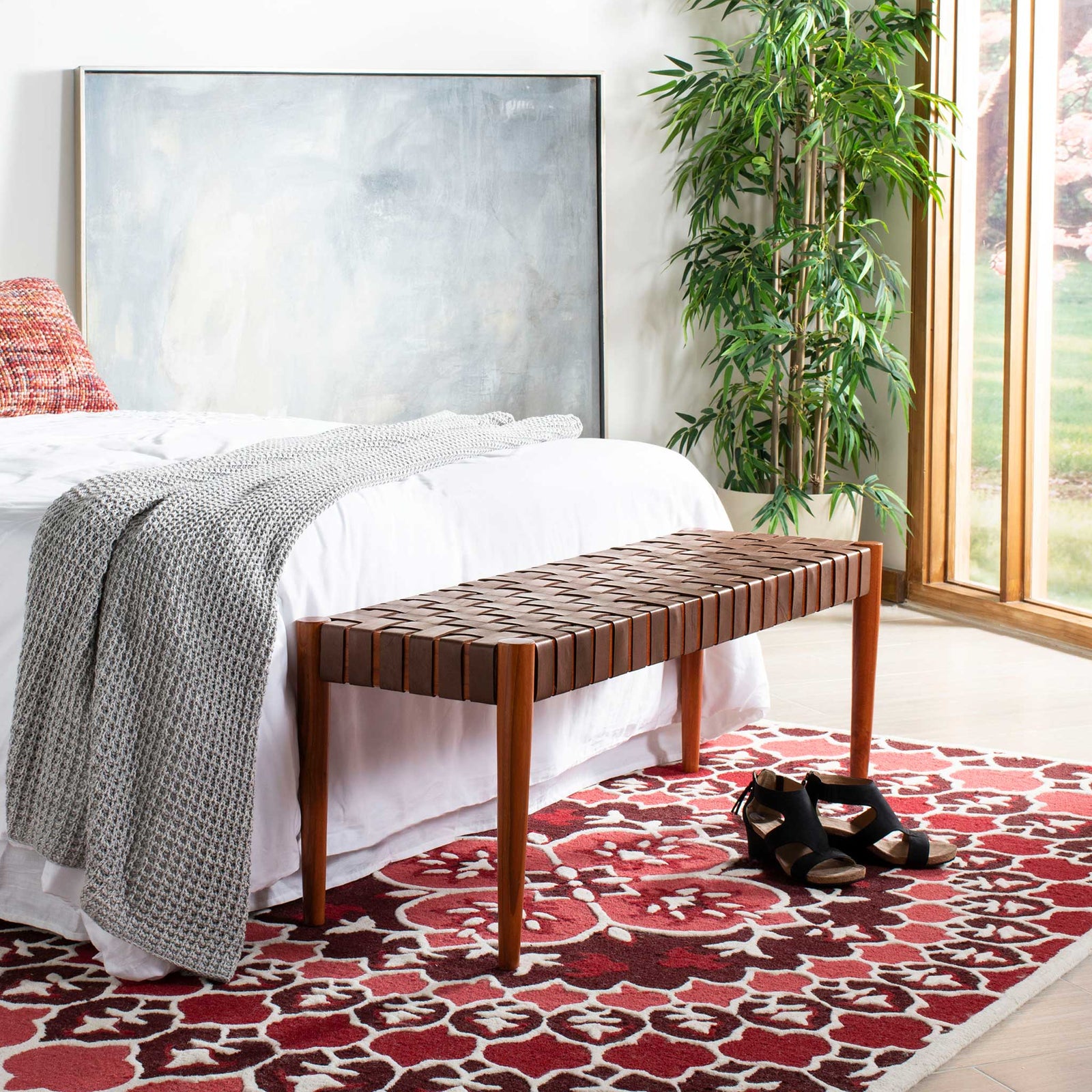 Amos Leather Weave Bench Cognac/Dark Brown