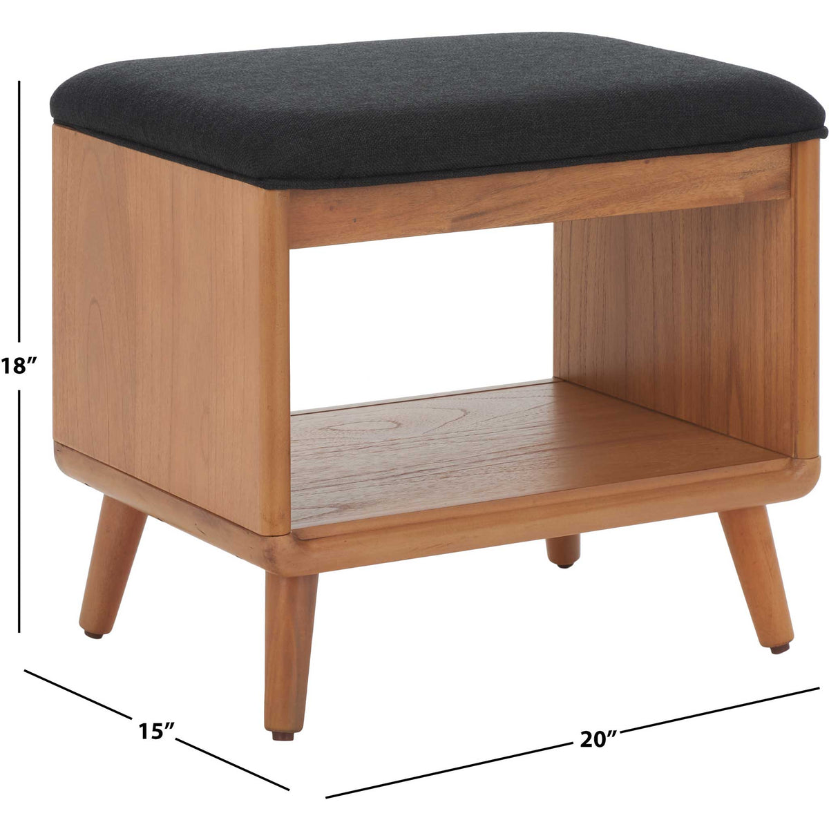 Space-saving bench sized for entryways, offering a cushioned seat and open storage shelf || BCH5001A || dimension_studio