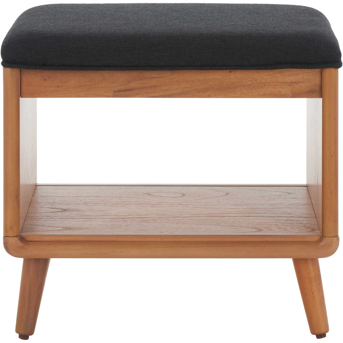 Compact bench with black cushioned seat, natural wood frame, and open shelf for easy storage || BCH5001A || front_studio