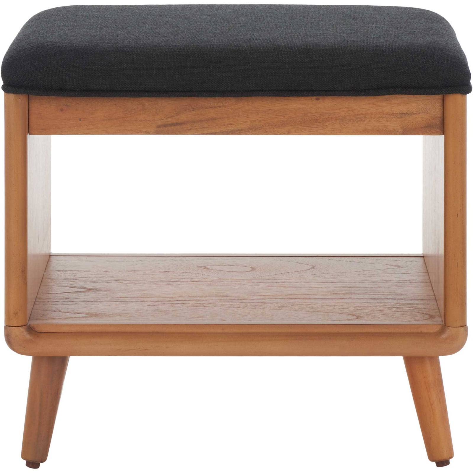 Compact bench with black cushioned seat, natural wood frame, and open shelf for easy storage || BCH5001A || front_studio