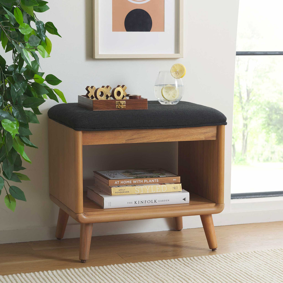Versatile accent bench fits any room, pairing a plush black seat with a warm wood base || BCH5001A || front_angle_room