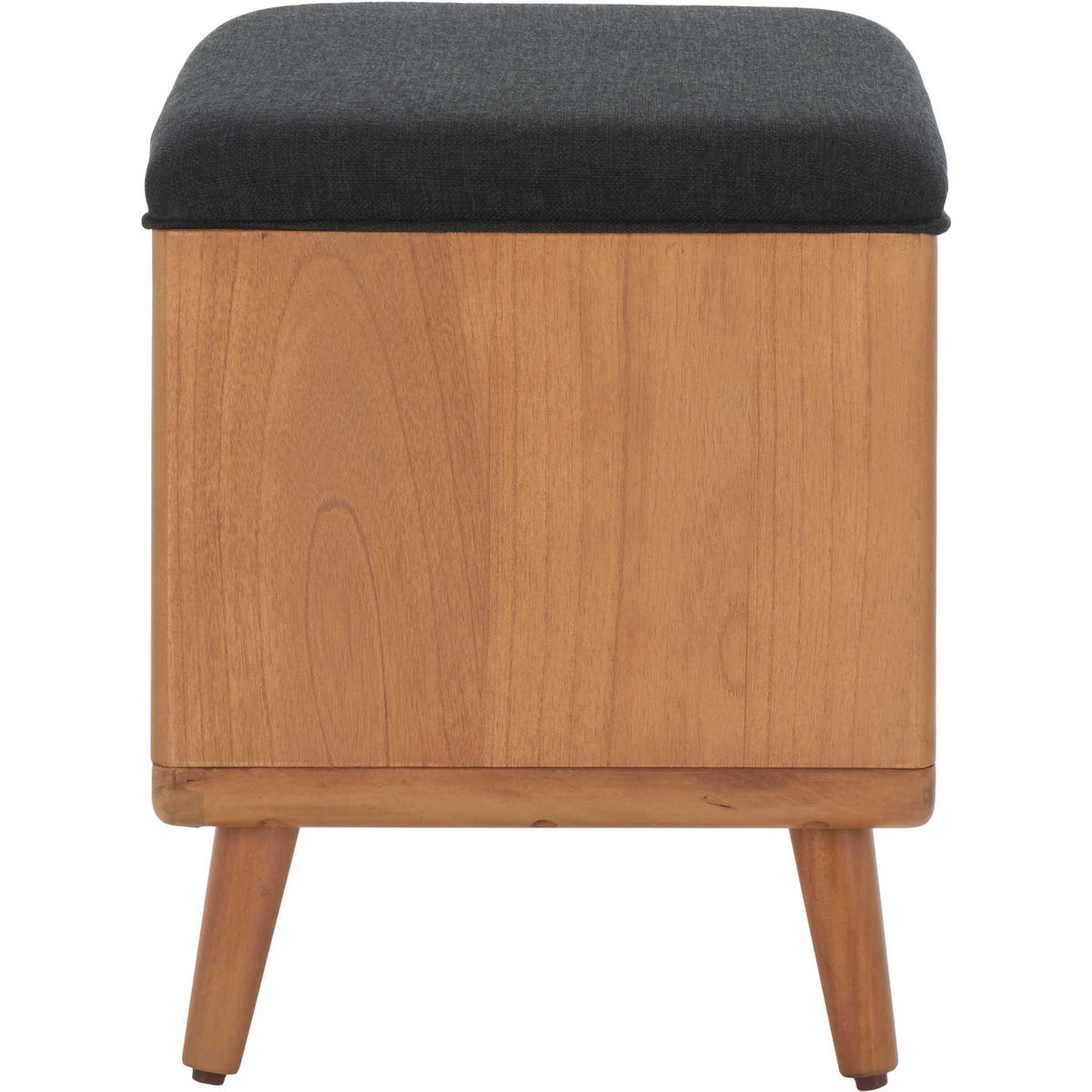 Slim profile shows the bench's smooth natural wood sides and thick black seat cushion || BCH5001A || side_studio