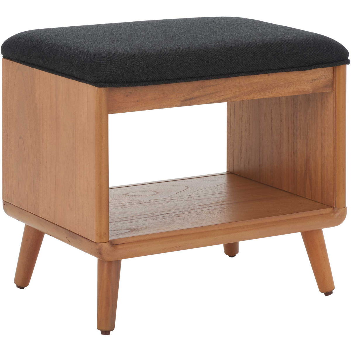 Mid-century bench featuring tapered legs, a plush black seat, and a handy open lower shelf || BCH5001A || front_angle_studio