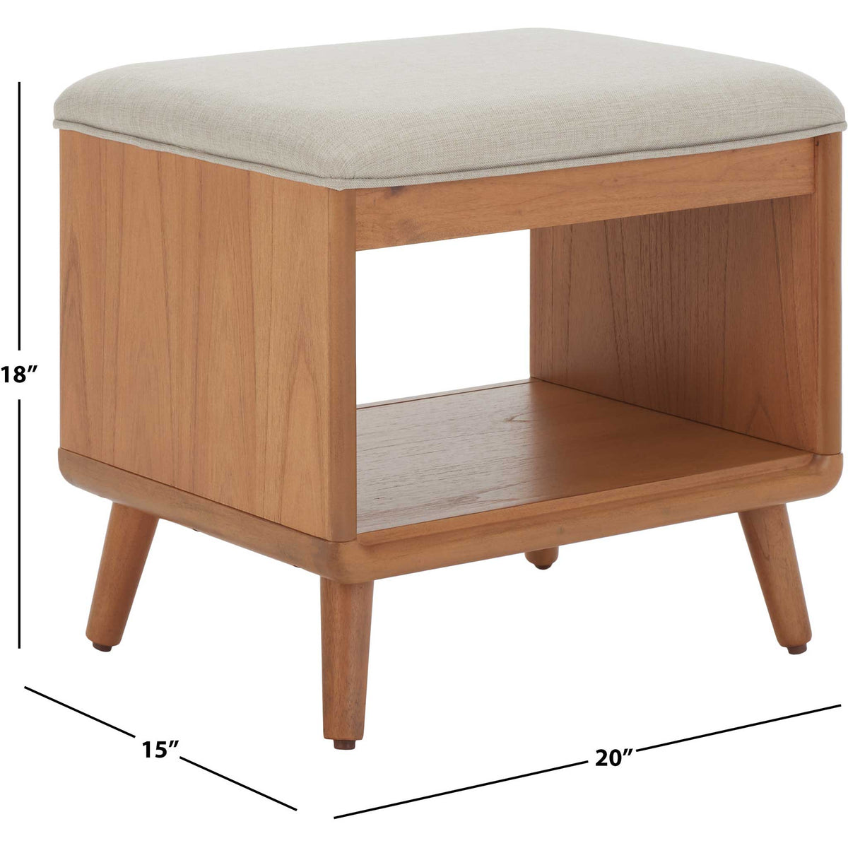 Compact 20 x 15 x 18 inch bench with cushioned seat and open shelf