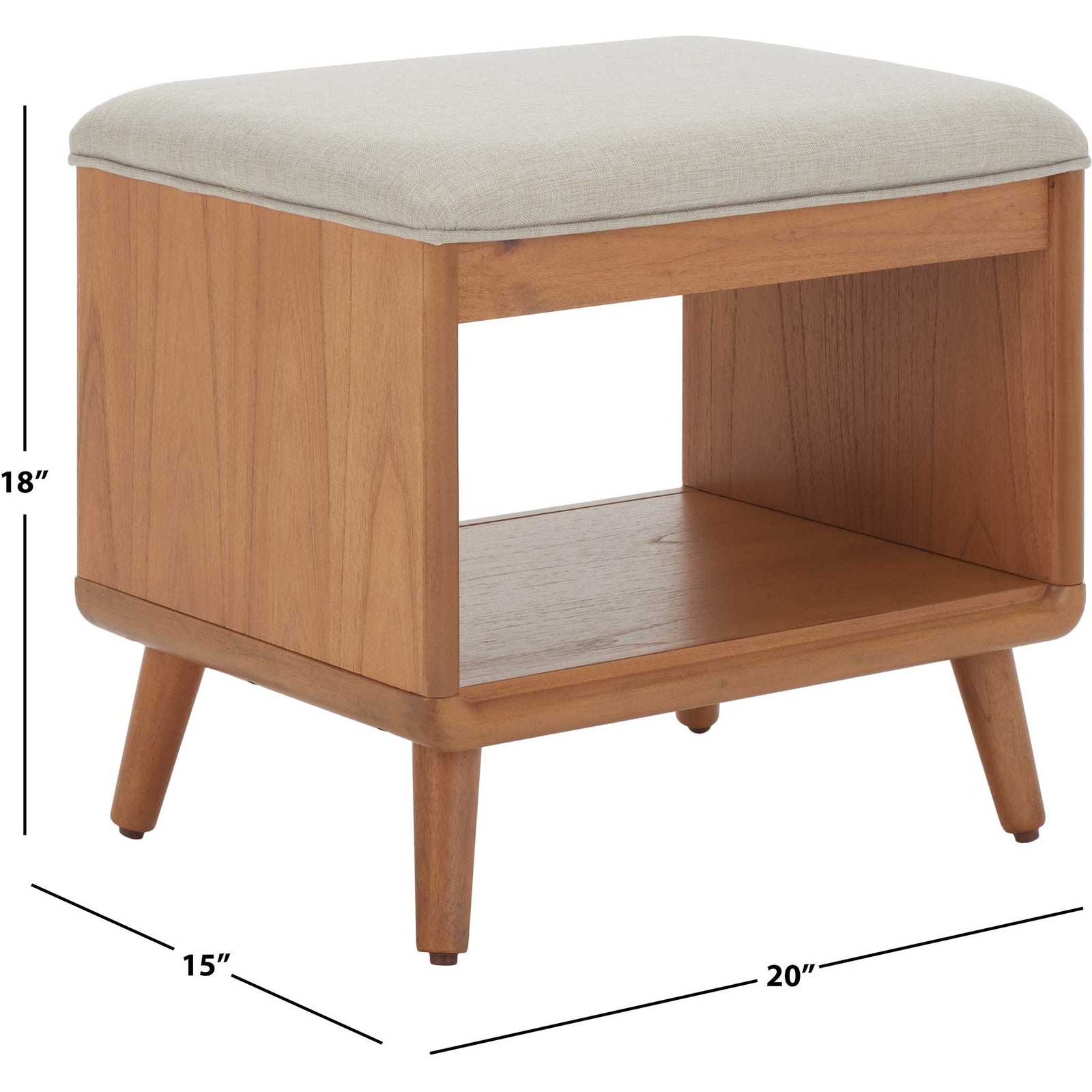 Compact 20 x 15 x 18 inch bench with cushioned seat and open shelf || BCH5001B || dimension_studio