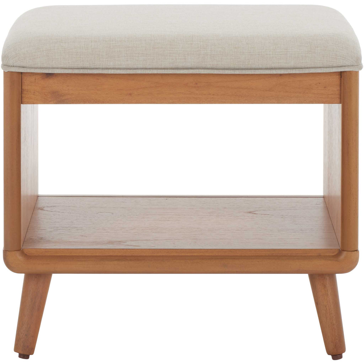 Compact bench with cream upholstered cushion, open storage shelf, and tapered natural wood legs || BCH5001B || front_studio
