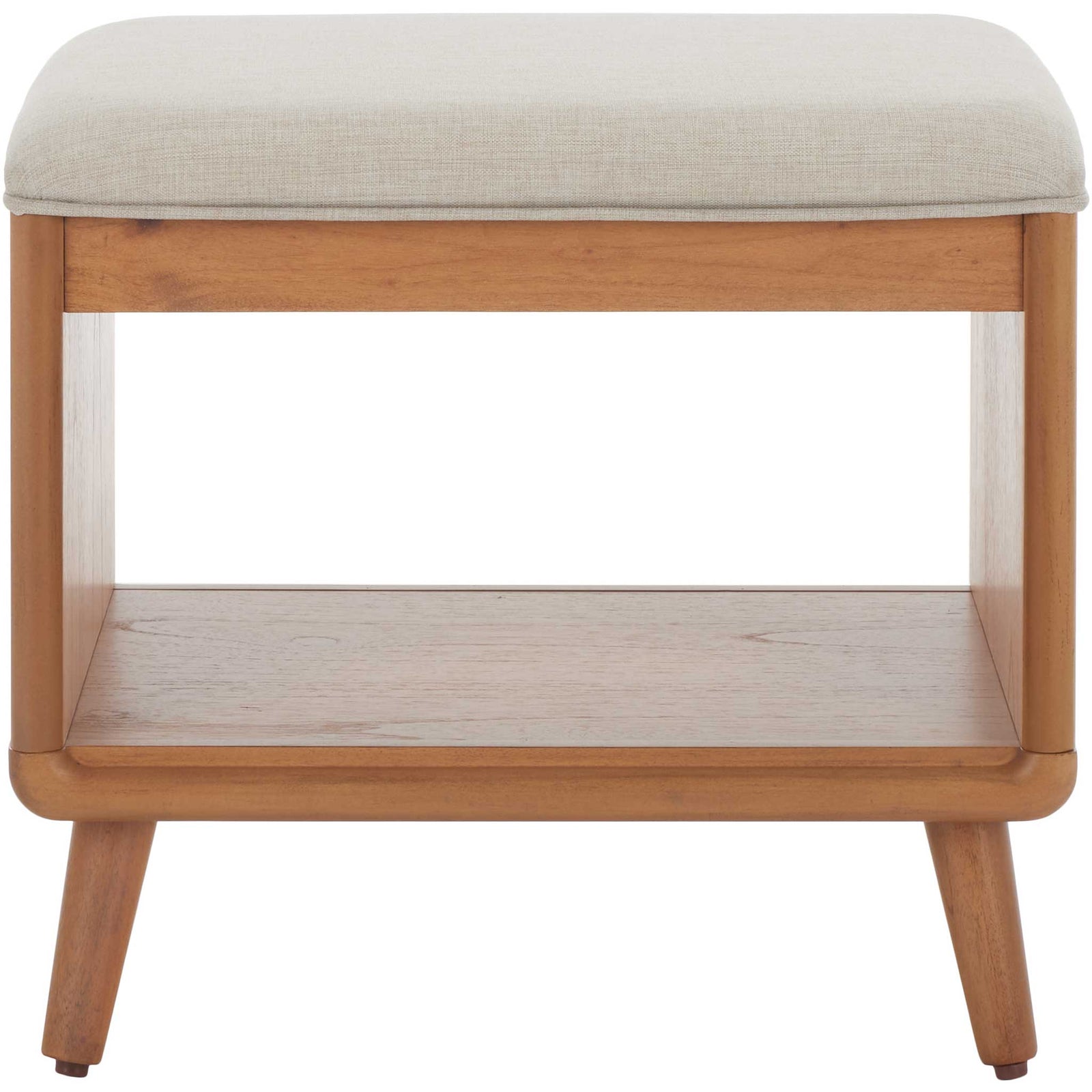 Compact bench with cream upholstered cushion, open storage shelf, and tapered natural wood legs || BCH5001B || front_studio