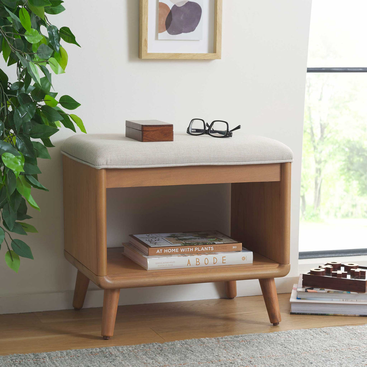Clean-lined bench adds mid-century warmth with a cream seat and a handy open lower shelf || BCH5001B || front_angle_room