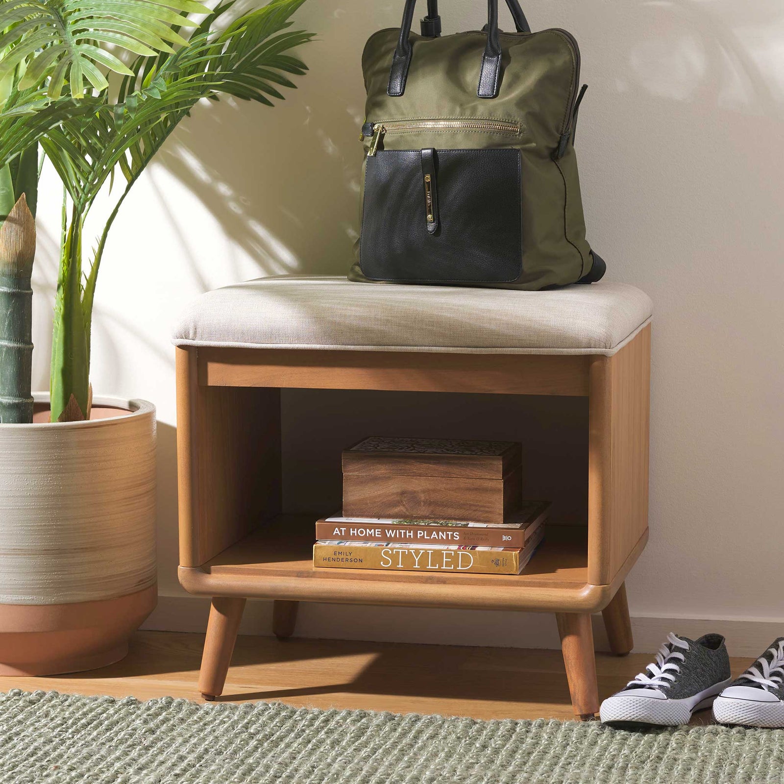 Entryway-ready bench with plush cream cushion and open shelf for grab-and-go storage || BCH5001B || front_angle_room