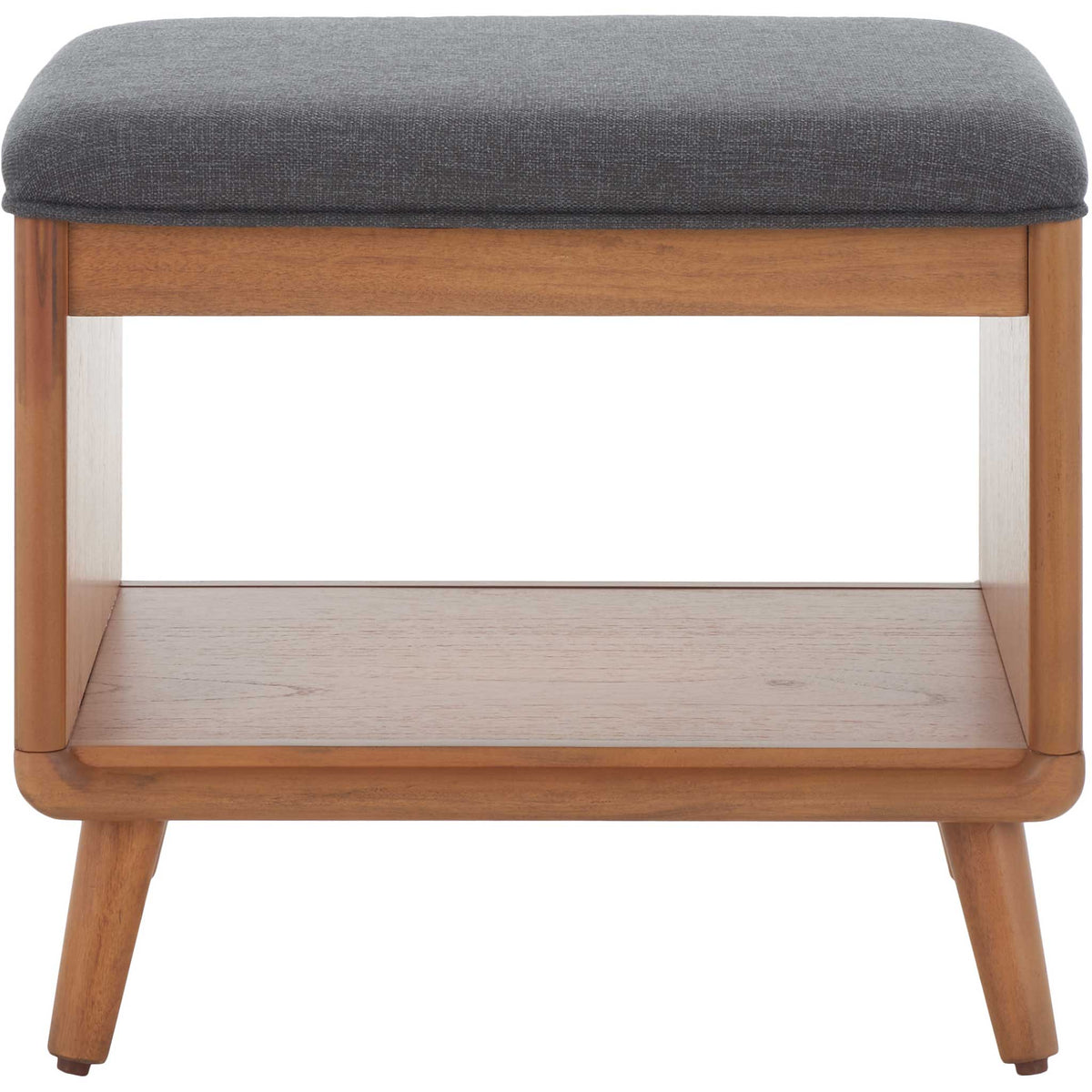Small entryway bench with dark gray cushioned seat and open shelf in warm natural wood. || BCH5001C || front_studio