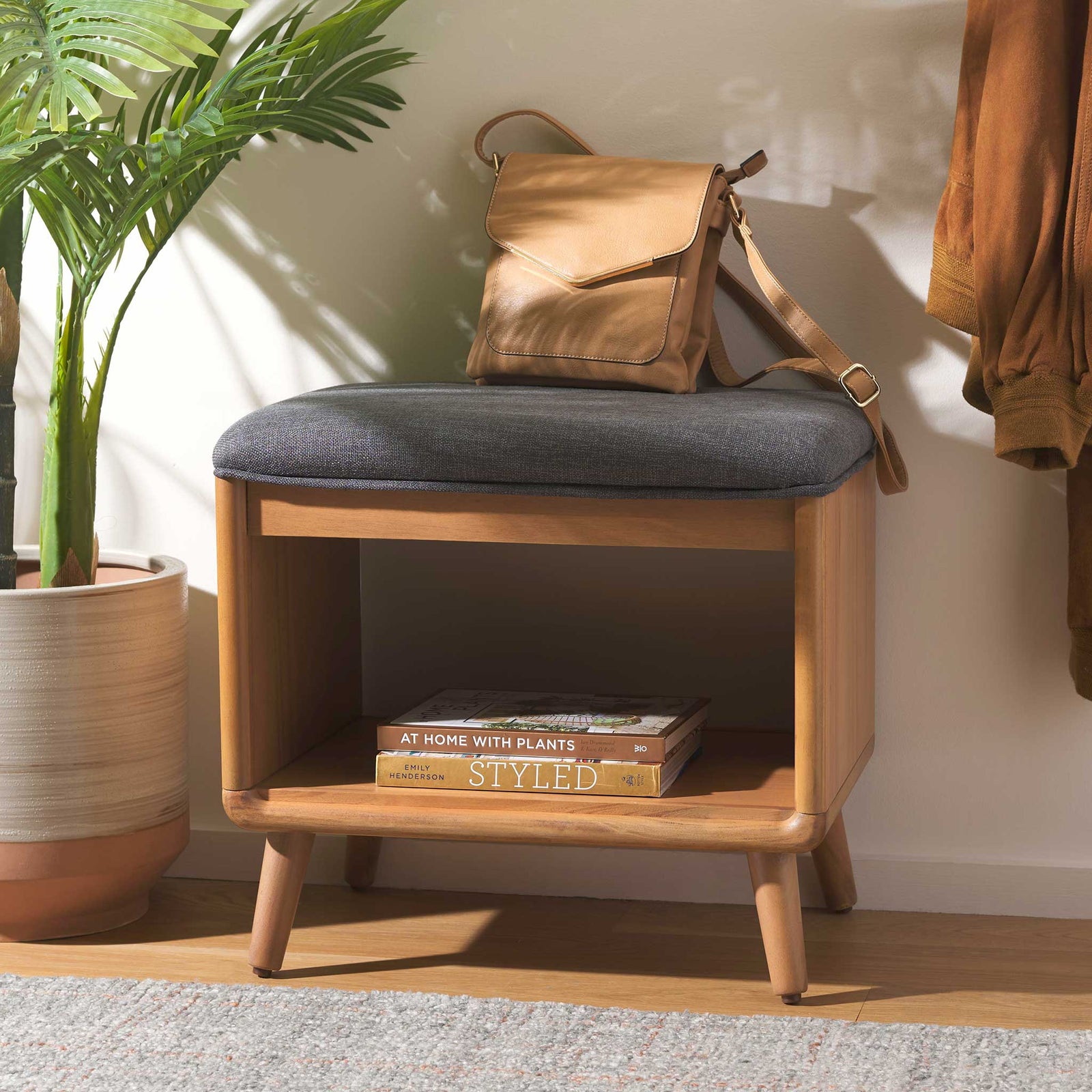 Stylish bench keeps books and bags organized while adding a warm natural accent. || BCH5001C || front_angle_room