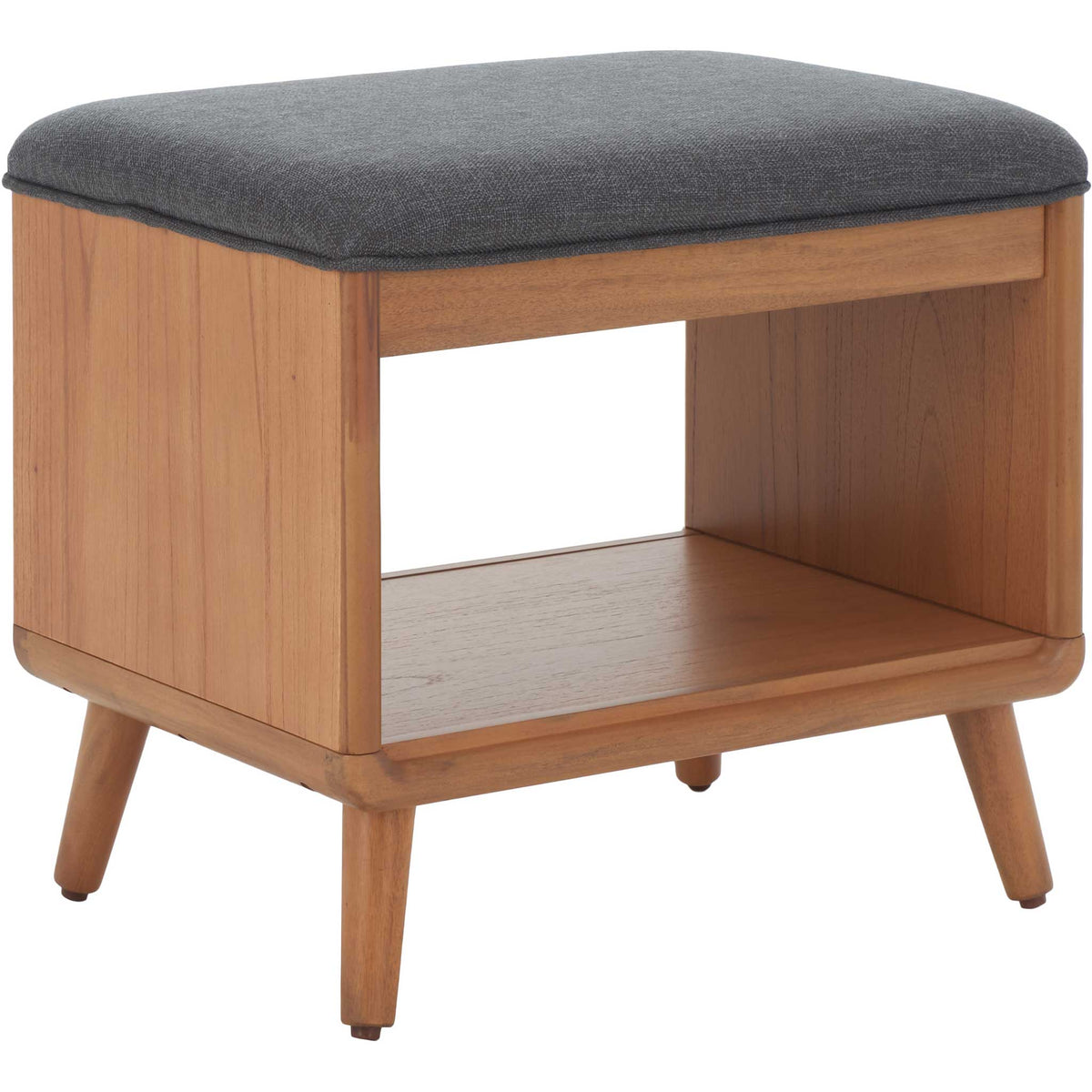 Bench showcases smooth wood grain, rounded edges, and a roomy lower shelf. || BCH5001C || front_angle_studio