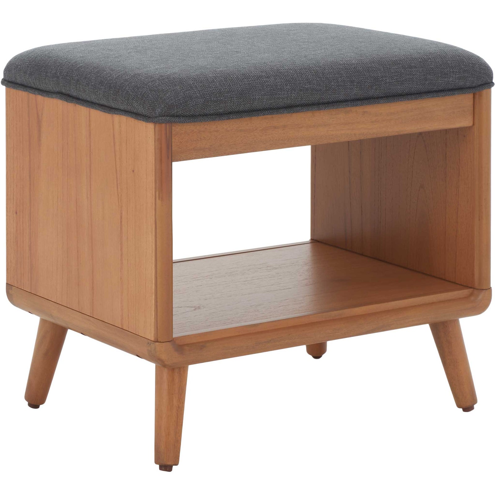 Bench showcases smooth wood grain, rounded edges, and a roomy lower shelf. || BCH5001C || front_angle_studio