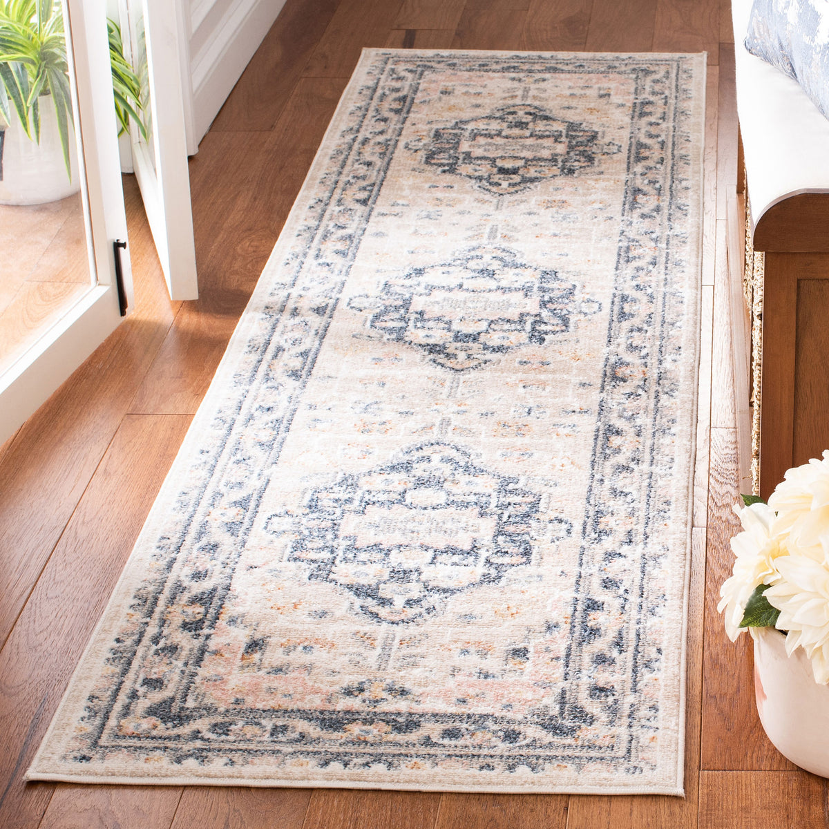 Beige and navy distressed medallion runner with a softly faded border design || BLR200B-28 || top_angle_room
