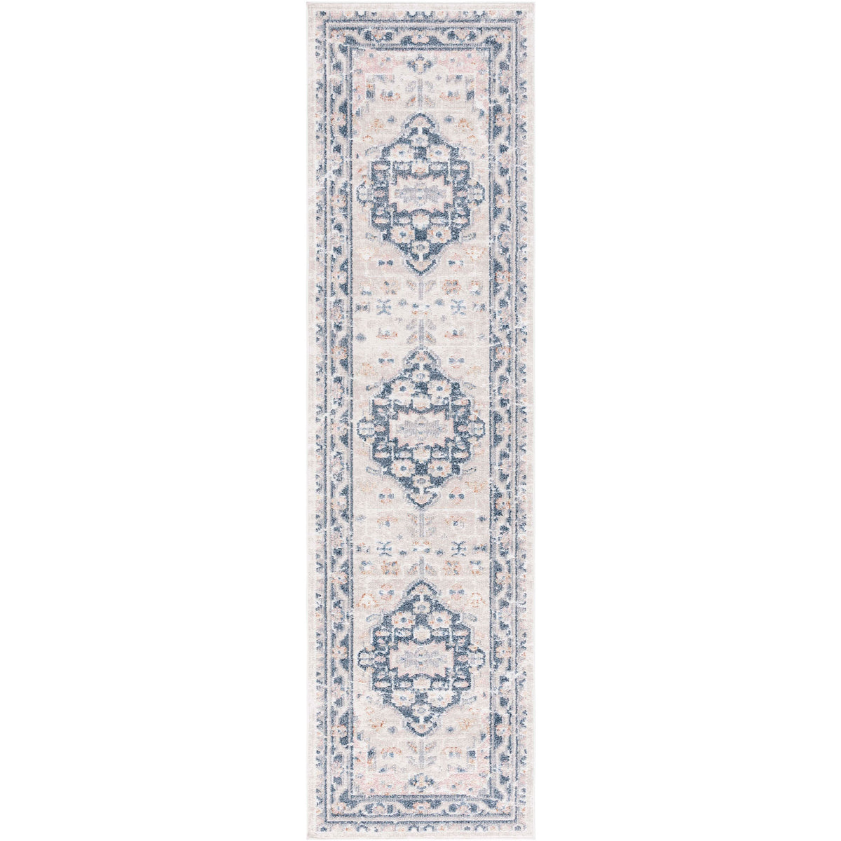 Vintage-style beige and navy runner with faded medallions and a classic border || BLR200B-28 || top_studio