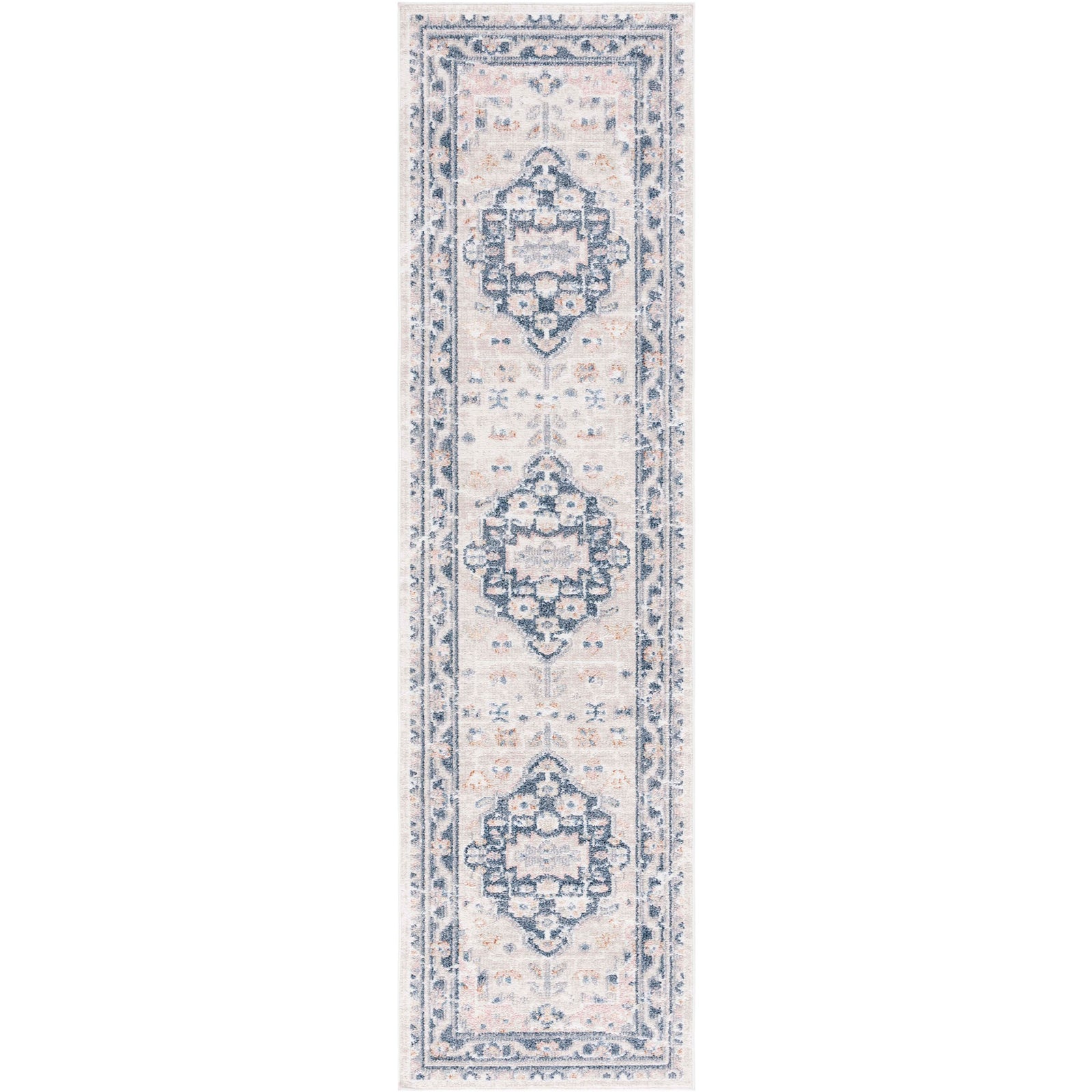 Vintage-style beige and navy runner with faded medallions and a classic border || BLR200B-28 || top_studio