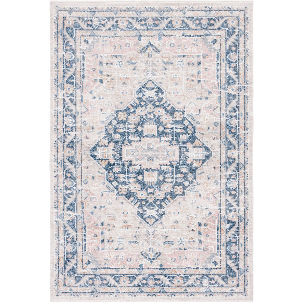 Traditional beige and navy medallion rug with a softly faded look and machine-washable convenience. || BLR200B-5 || top_studio
