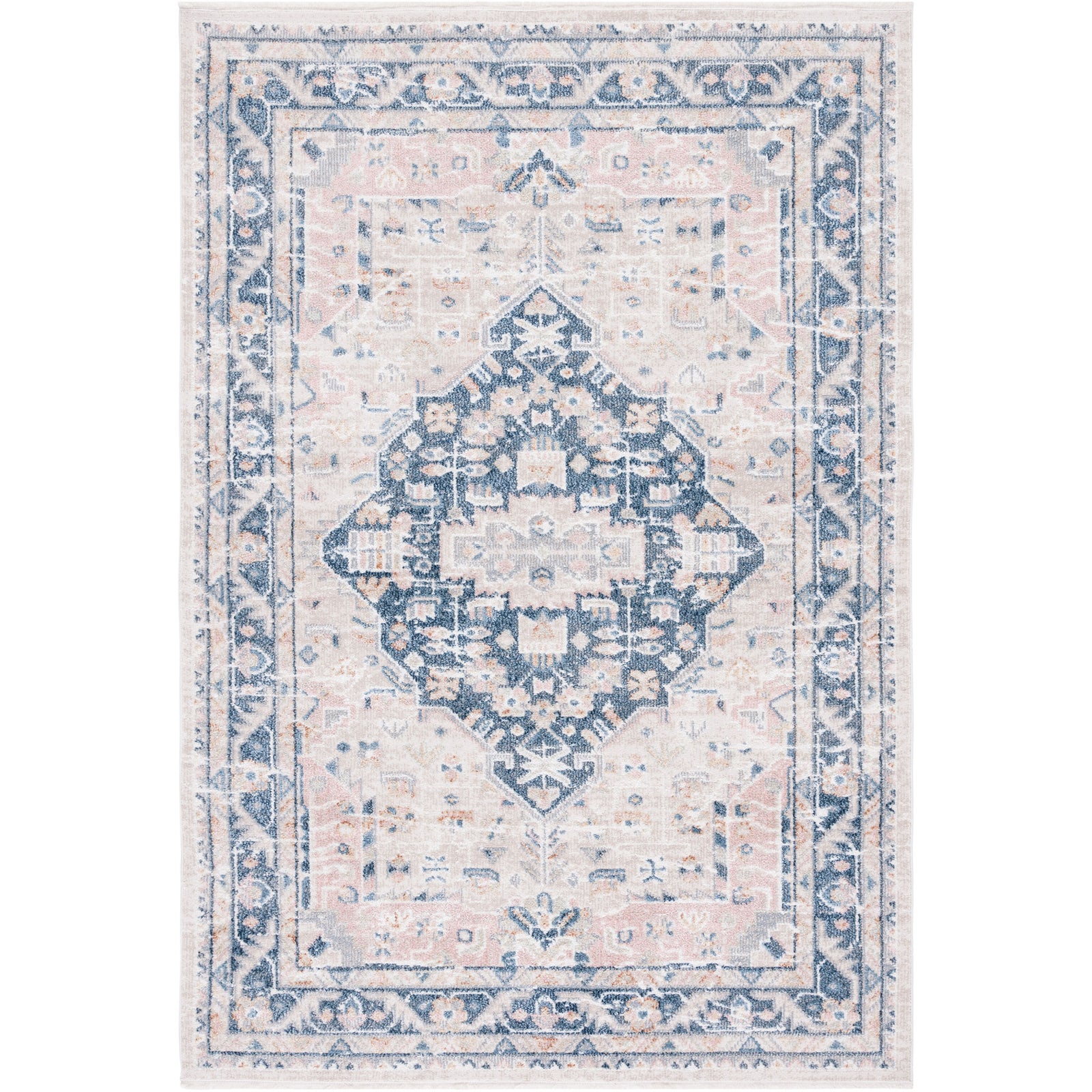 Traditional beige and navy medallion rug with a softly faded look and machine-washable convenience. || BLR200B-5 || top_studio