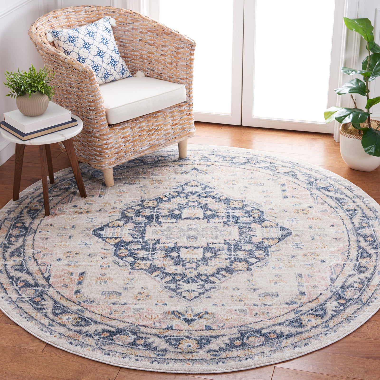 Vintage-inspired round rug in soft beige and navy tones, featuring an ornate medallion || BLR200B-7R || top_room