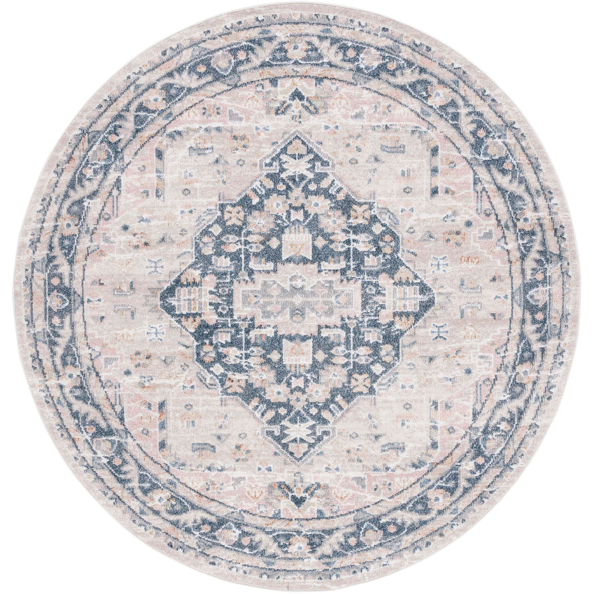 Round beige and navy medallion rug with a vintage look and low-profile pile || BLR200B-7R || top_studio